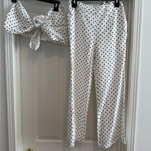 Polka Dot Two-Piece Jumpsuit Set - White with Black Dots